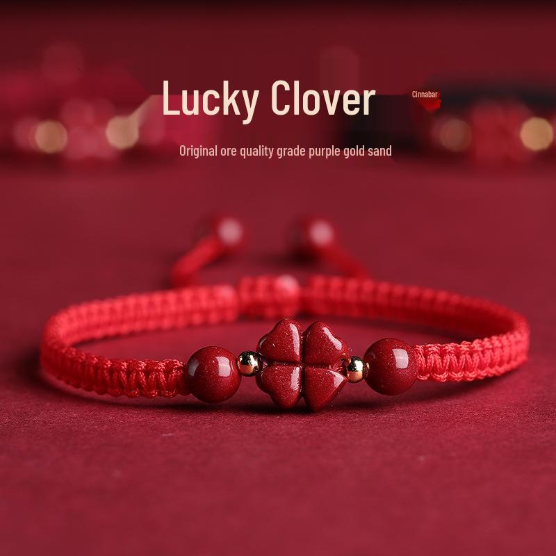Authentic Cinnabar Four-Leaf Clover Bracelet with Purple Gold Sand and Red Rope for Women and Children