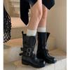 Cowhide version leather retro belt buckle round head medium boots British style fried street knight boots thick-soled thick-heeled locomotive boots