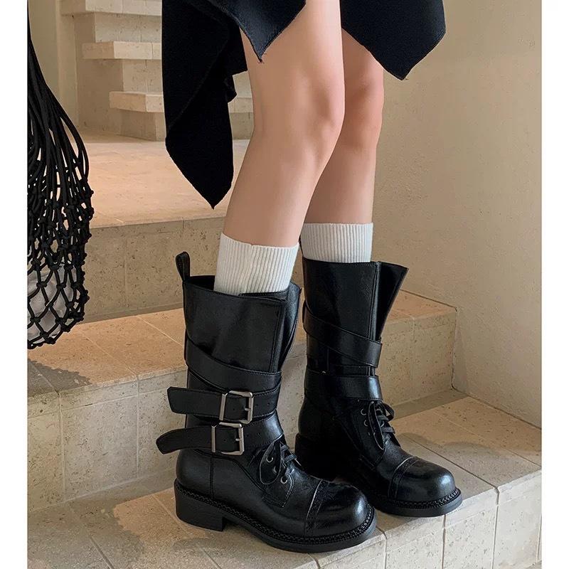 Cowhide version leather retro belt buckle round head medium boots British style fried street knight boots thick-soled thick-heeled locomotive boots