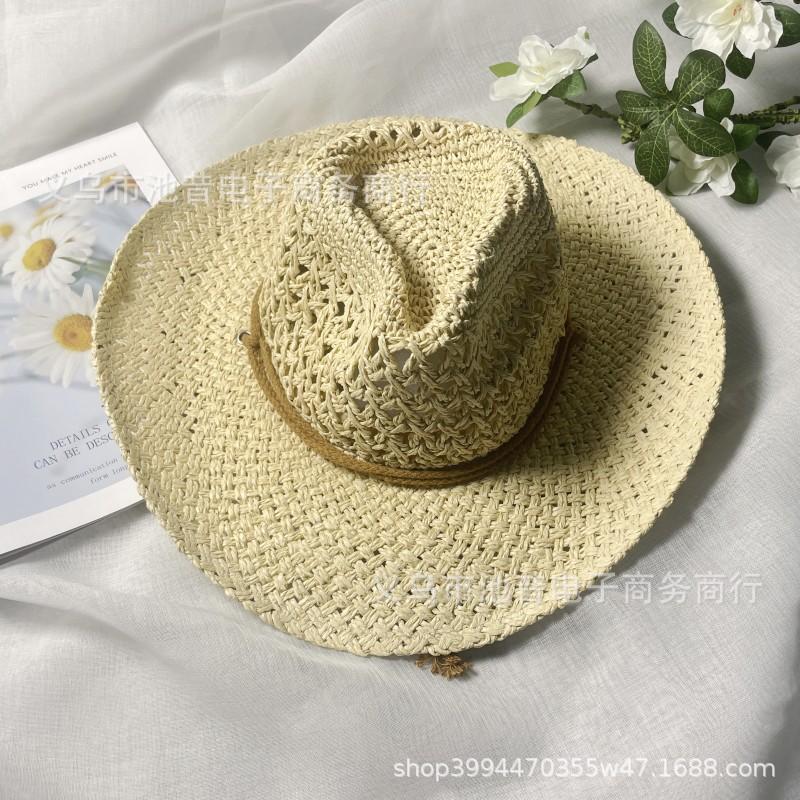 Vintage beach seaside vacation windproof bucket hat breathable straw visor female summer big brim jazz hat outdoor