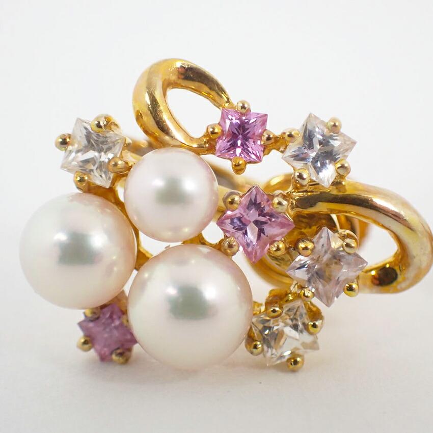 [Pre-owned] JUNET 750YG Akoya Pearl (Pink White Pearl) Pink/White Sapphire Earrings/j54-4