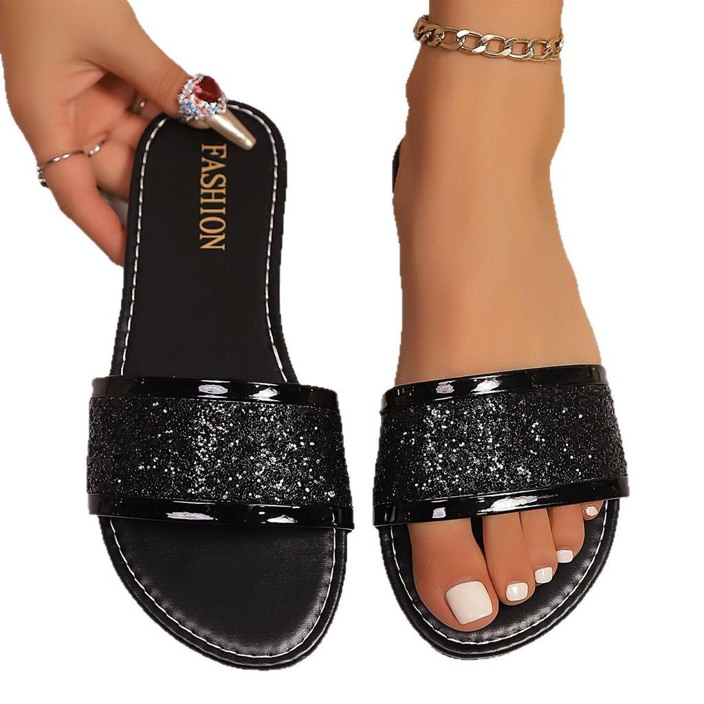 Large size summer new one-word sequined sandals women's wear square head open-toed flat-bottomed beach women's sandals