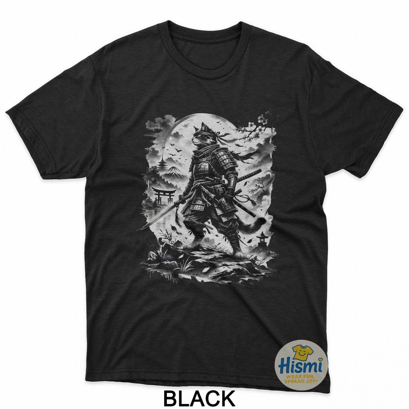 Samurai Cat Warrior Vintage Ink Style Graphic Japanese T-Shirt S