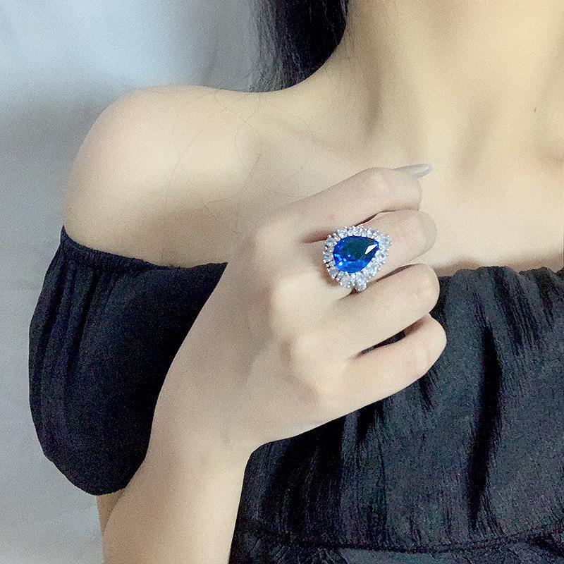 Luxury Women's Adjustable Deep Blue Zircon Water Drop Ring with Full Diamond Inlay – Elegant Haute Couture Style