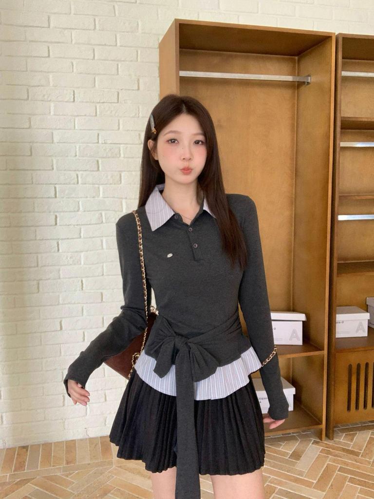 Plus Size Women's Polo Collar Long Sleeve Patchwork T-shirt with Tie-up Waist