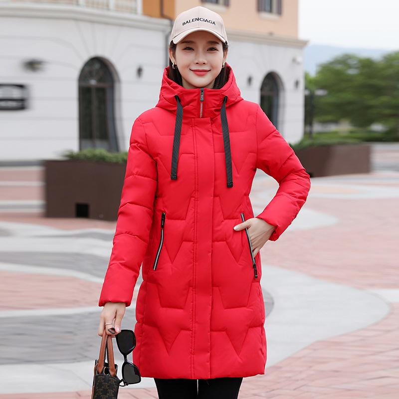 

Зимний новый продукт средней длины и длинный хлопковый пуховик с капюшоном женский приталенный и тонкий со шнурками модная утолщенная хлопковая одежда XXXL красный