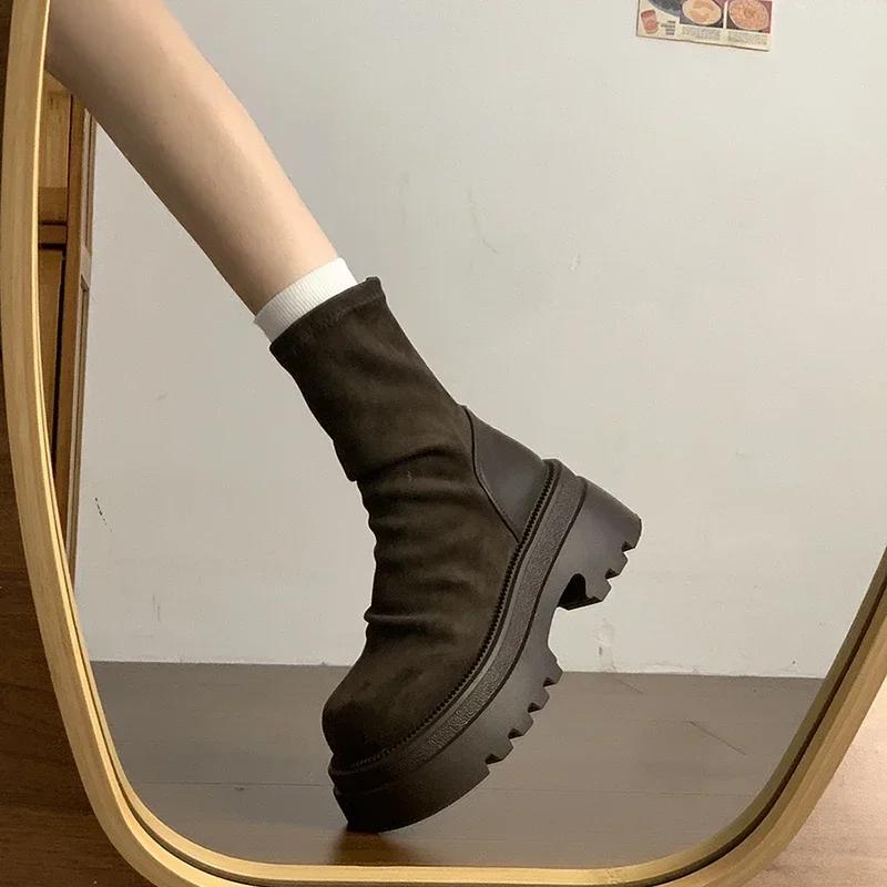 Designer Vintage Women Stretch Modern Boots Fashion Back Zippers Short Booties Ladies Elegant Thick Heel Shoes