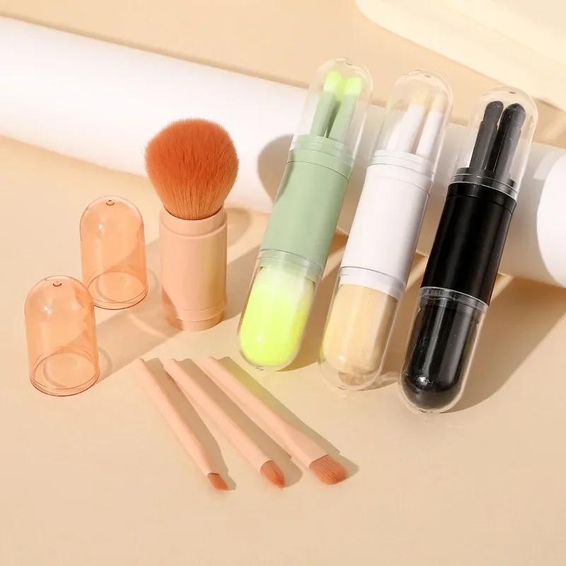 4-piece mini travel makeup brush set retractable base, eye shadow brush portable, compact easy to clean facial makeup brush set