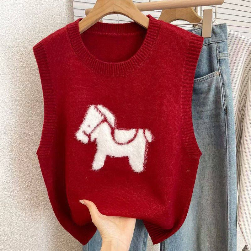 

Cartoon Jacquard Pony Sweater Vest Cardigan Women s Fall-winter New Style Multi-layer Wearable, Trendy, Sleeveless Knitted Top One size червоний