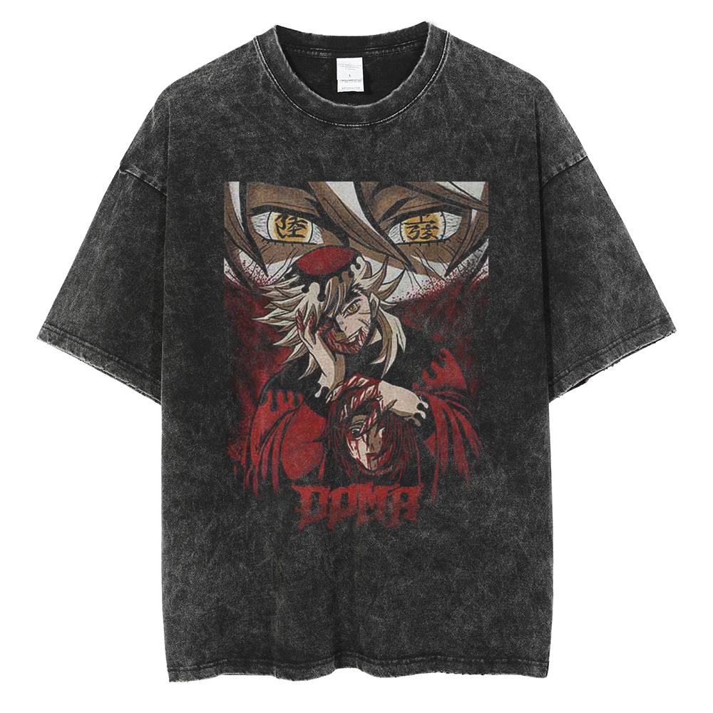 Hot Anime Demon Slayer Kokushibo Graphic Print Washed T Shirt Men Vintage Cotton Tshirts Manga Casual Tee Harajuku Male T-shirt