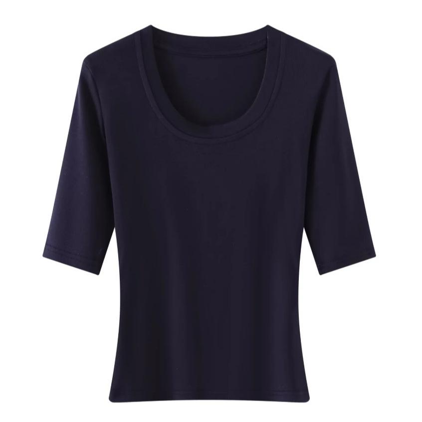 Crew neck medium sleeve thin T-shirt women's summer new American Spice Girl solid color thin slim bottoming shirt top
