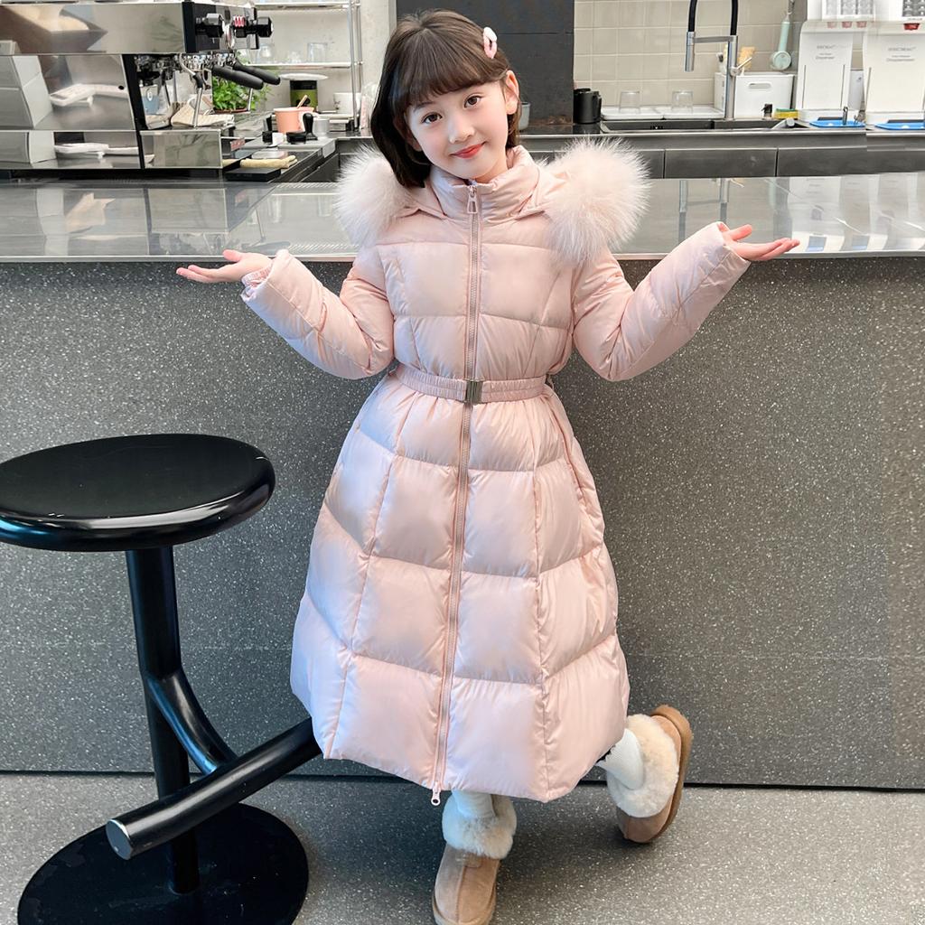 Girls Autumn and Winter Padded Long Solid Colour Jacket with Hood Thickened Loose Warm Outerwear