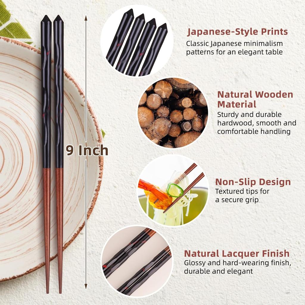 Antner 5 Pairs Hardwood Chopsticks Reble Japanese Style Natural Wood Chop Stick Hand-Carved Chopstick Gift Set, 9 Inches