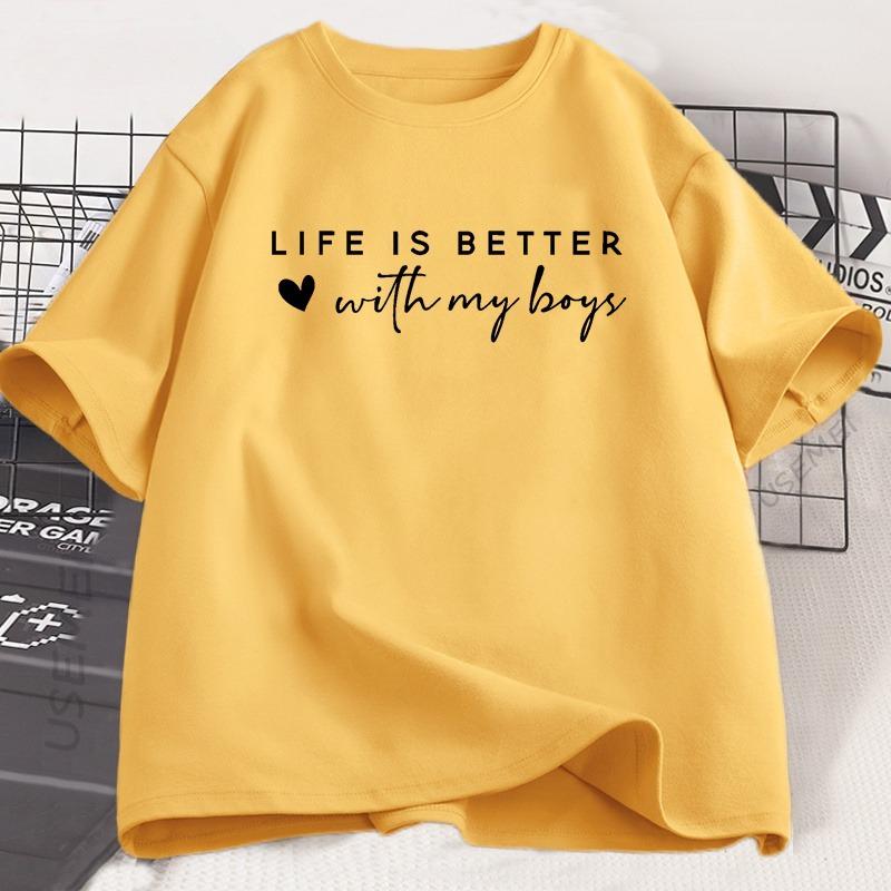 

Life Is Better with My Boys TShirt Mom of Boys T Shirt Mothers Day Tshirt Cotton Printed Short Sleeves Funny Graphic Tee Shirt 4XL