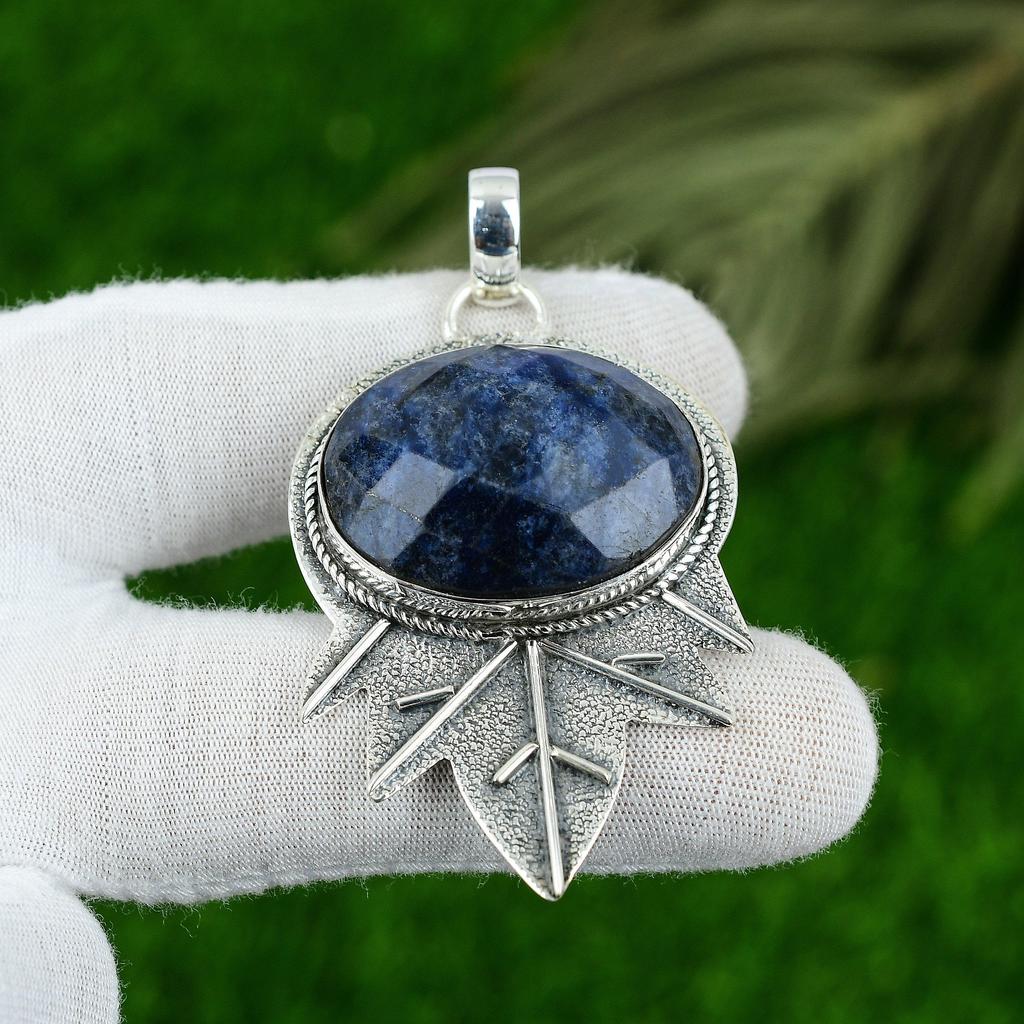 Natural Sodalite Gemstone Pendant 925 Sterling Silver Indian Jewelry For Women
