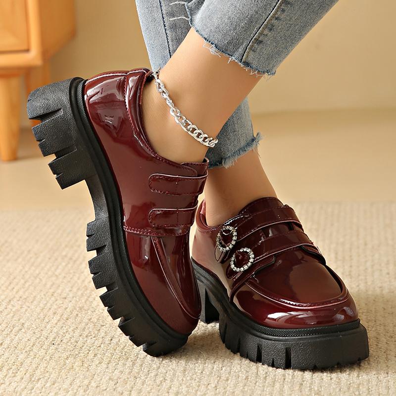 fashion Crystal Buckle Chunky Heels Pumps Women Black Patent Leather Platform Loafers Woman Thick Bottom Non-Slip Gothic Shoes Ladies