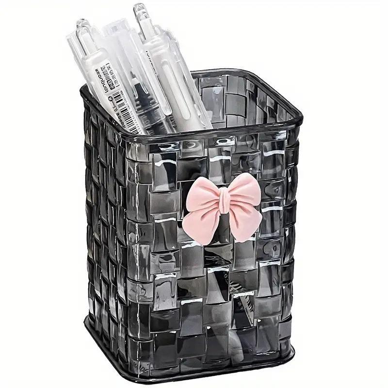 Durable Clear Acrylic Desk Organizer with Bow Accent PMMA Pen Holder and Storage Basket for Office Supplies Pens and Accessories