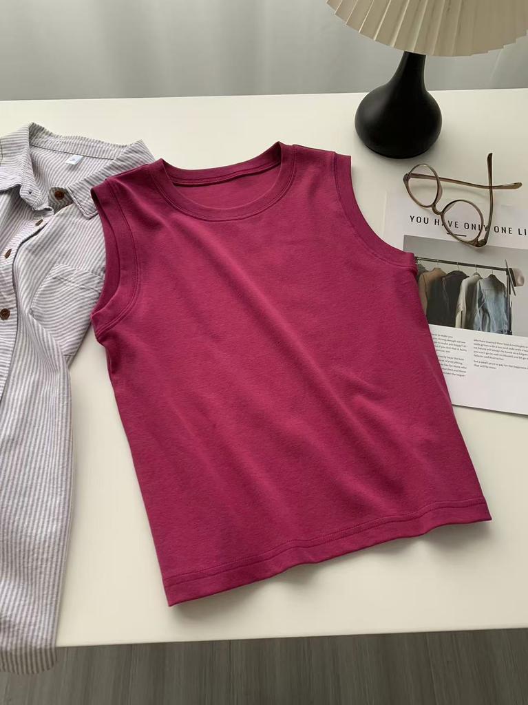 Spring Dopamine Color Crew Neck Cotton Vest Women's Basic Skinny Versatile Flesh Cover Wide Shoulder Sleeveless T-Shirt