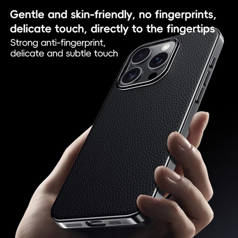 For iPhone 16 Pro Case Electroplating Genuine Cow Leather+PC Drop Resistance Phone Cover