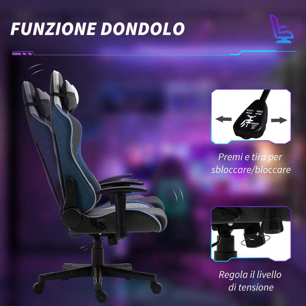 Gaming Chair Reclining To 150 Degrees with Rocking Function, In Linen-Effect Fabric, 66x53x128-138 Cm, Grey