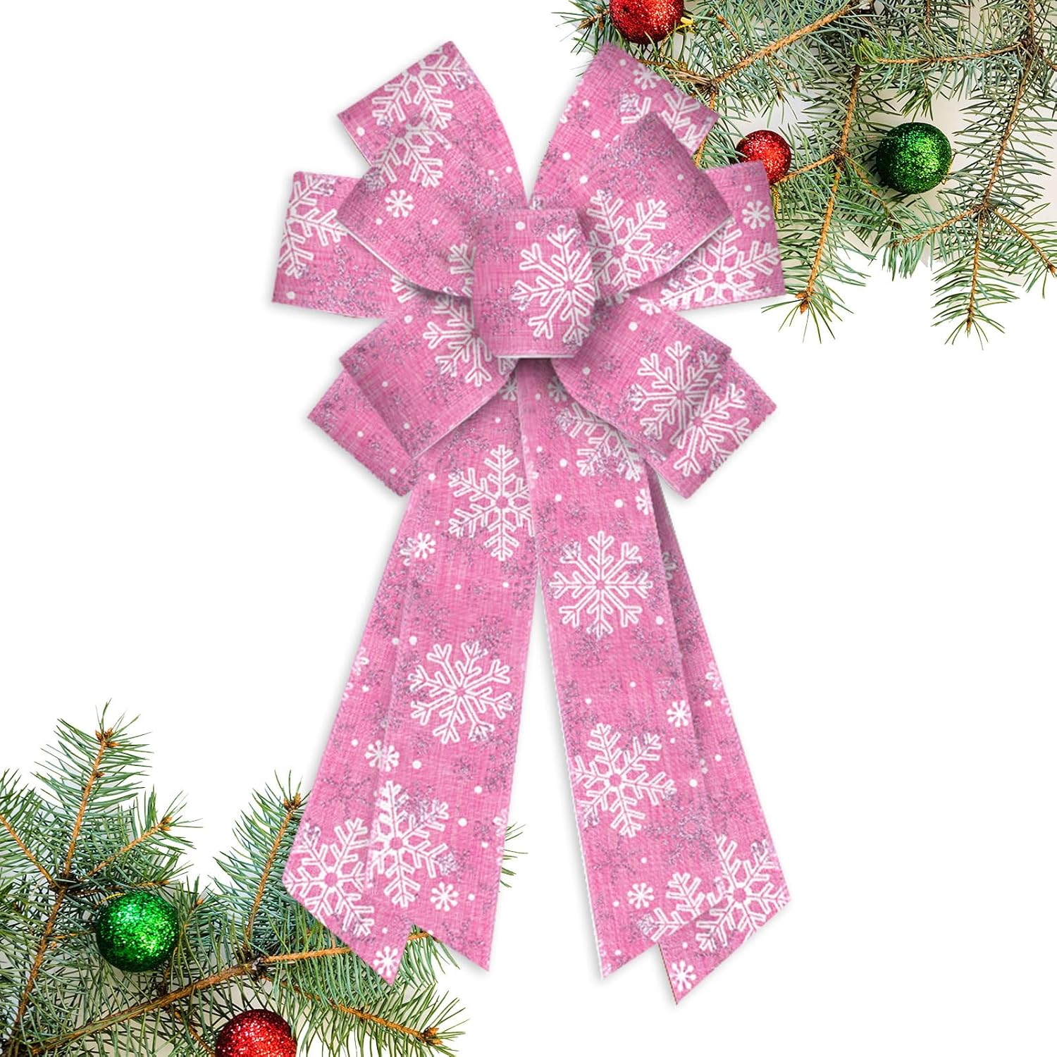 

Large Pink Snowflake Christmas Wreath Bow for Front Door Wall Fence Decor Tree Topper Bow for Christmas Party Decoration Supplie 20.87 x 11.42 in