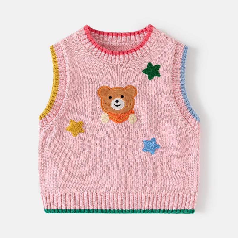 Cartoon Bear Pattern Sleeveless Pullover Knit Vest For Kids Boys And Girls