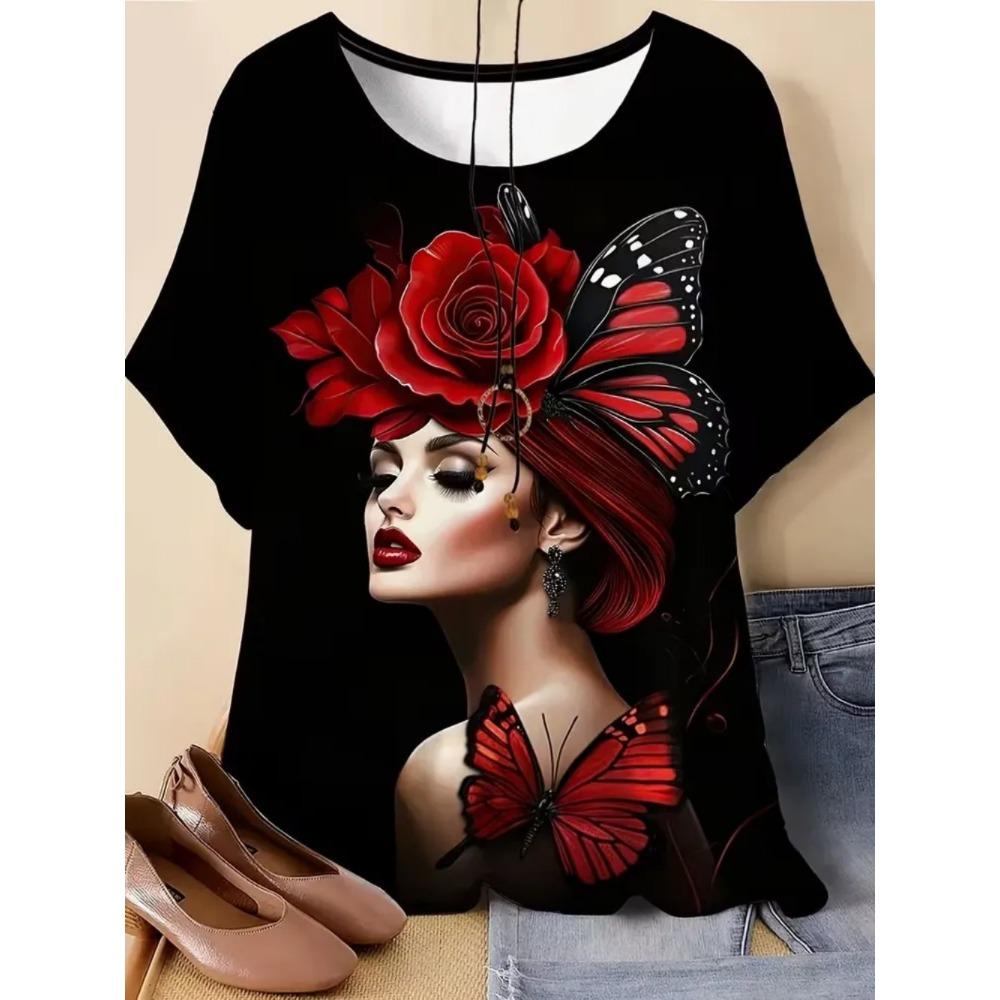 Simple Fashionable Portrait Cartoon Woman Graphic T-shirts Summer Streetwear 3d Printed Loose Comfortable Womens T-shirts