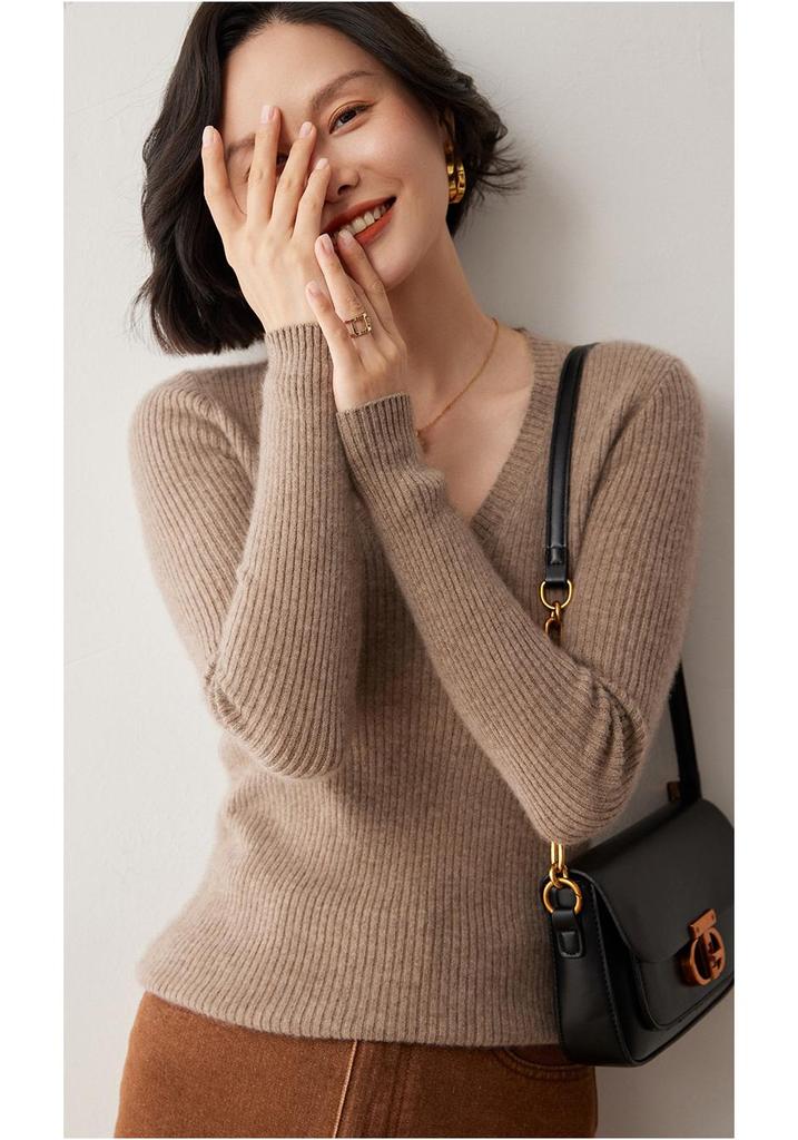 Women's U-neck Slim Fit Cashmere Sweater - Ribbed, Solid Color, Elegant & Versatile Wool Base Layer.