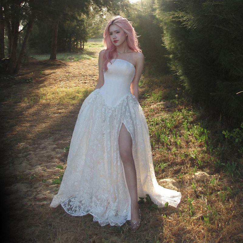 # Sisjuly# Romantic Pure Bridal Jacquard Lace Dark Pattern Patchwork Big Hemline Split Tube Top Dress Women Summer