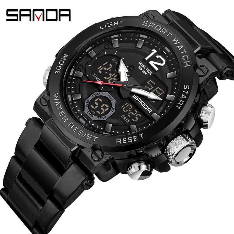 Sanda Luminous Men's Multifunctional Dual Display Steel Band Electronic Watch