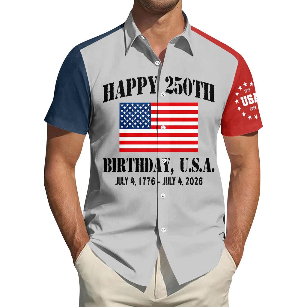 Top da Uomo Stampato per il Giorno dell'Indipendenza con Colletto Camicia Casual Sportiva a Maniche Corte da Uomo