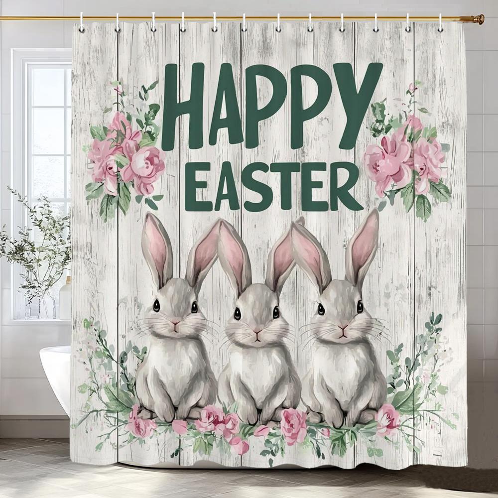 Happy Easter Bunny Eggs In Wooden Board Hole Cartoon Shower Curtain, Bathroom Decorative Shower Curtain, Home Curtain with Hooks