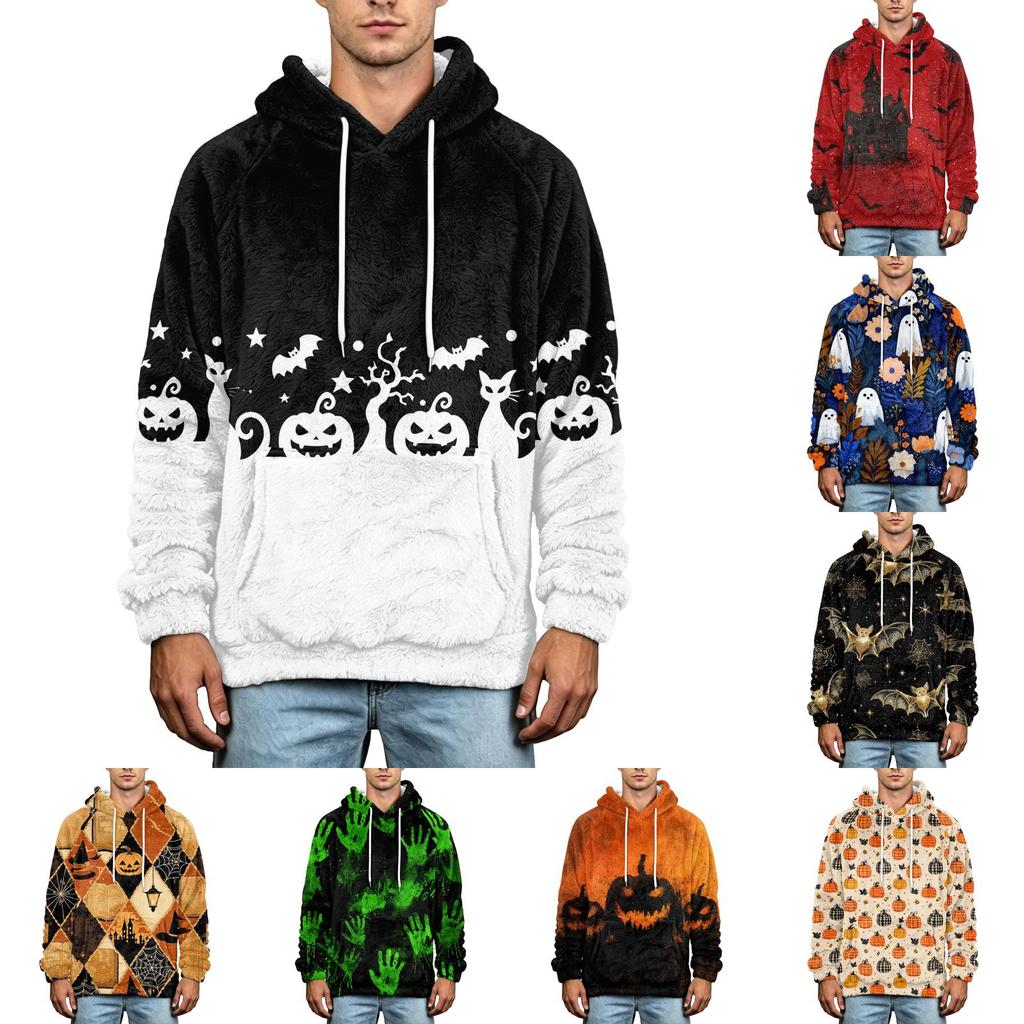 Men's Fall Winter Halloween Print Plus Size Hooded Flannel Sweatshirt Casual Trendy Streetwear
