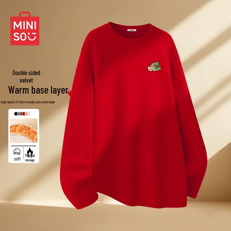 

MINISO Men s American Retro Thermal Fleece-Lined Round Neck Long Sleeve T-Shirt L