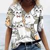 Summer V-neck 3D Cat Printed Top Fashionable Casual Short Sleeved Women's T-shirts