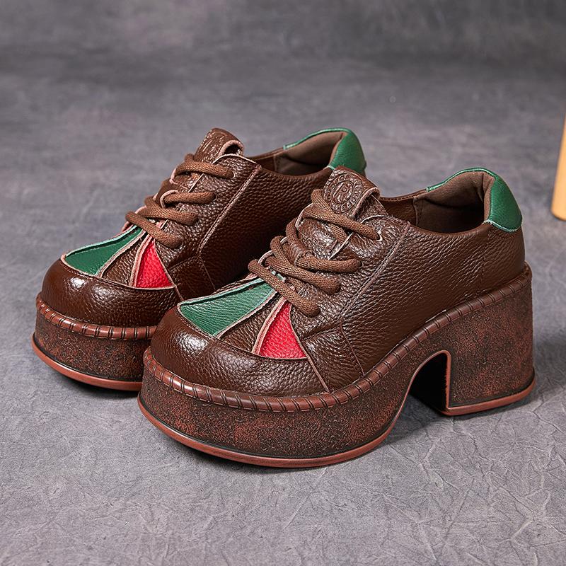 

Fashion GKTINOO Retro High Heels Women Shoes Flat Platform 7cm Thick Heels Shoes Mixed Colors Genuine Leather Luxury Lace Up Shoes 35