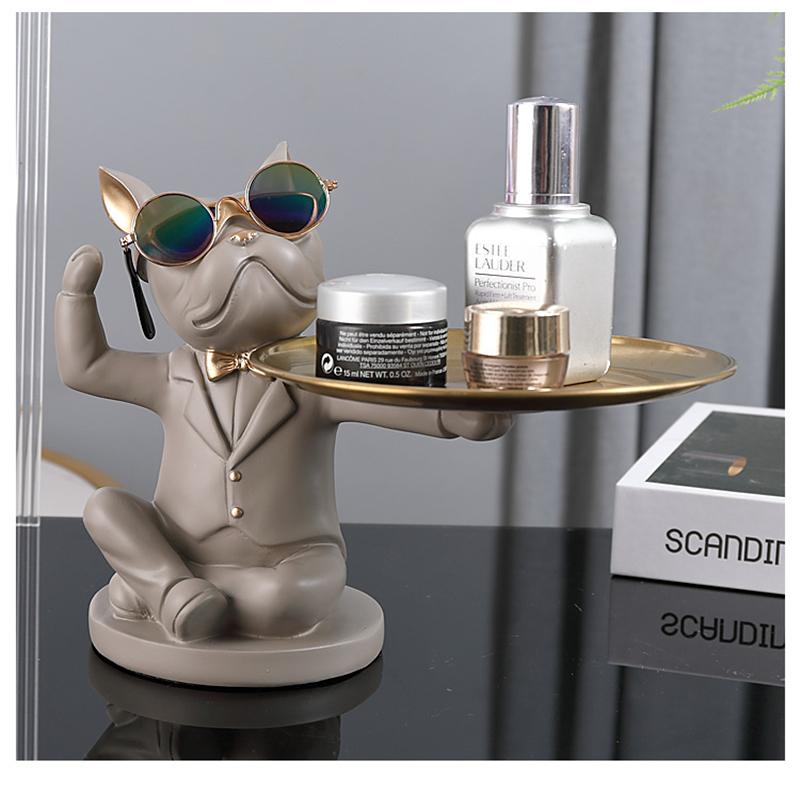 Nordic French Bulldog Butler Resin Dog Sculpture with Glasses Modern Home Decor for Tabletop Living Room Animal Crafts Ornament