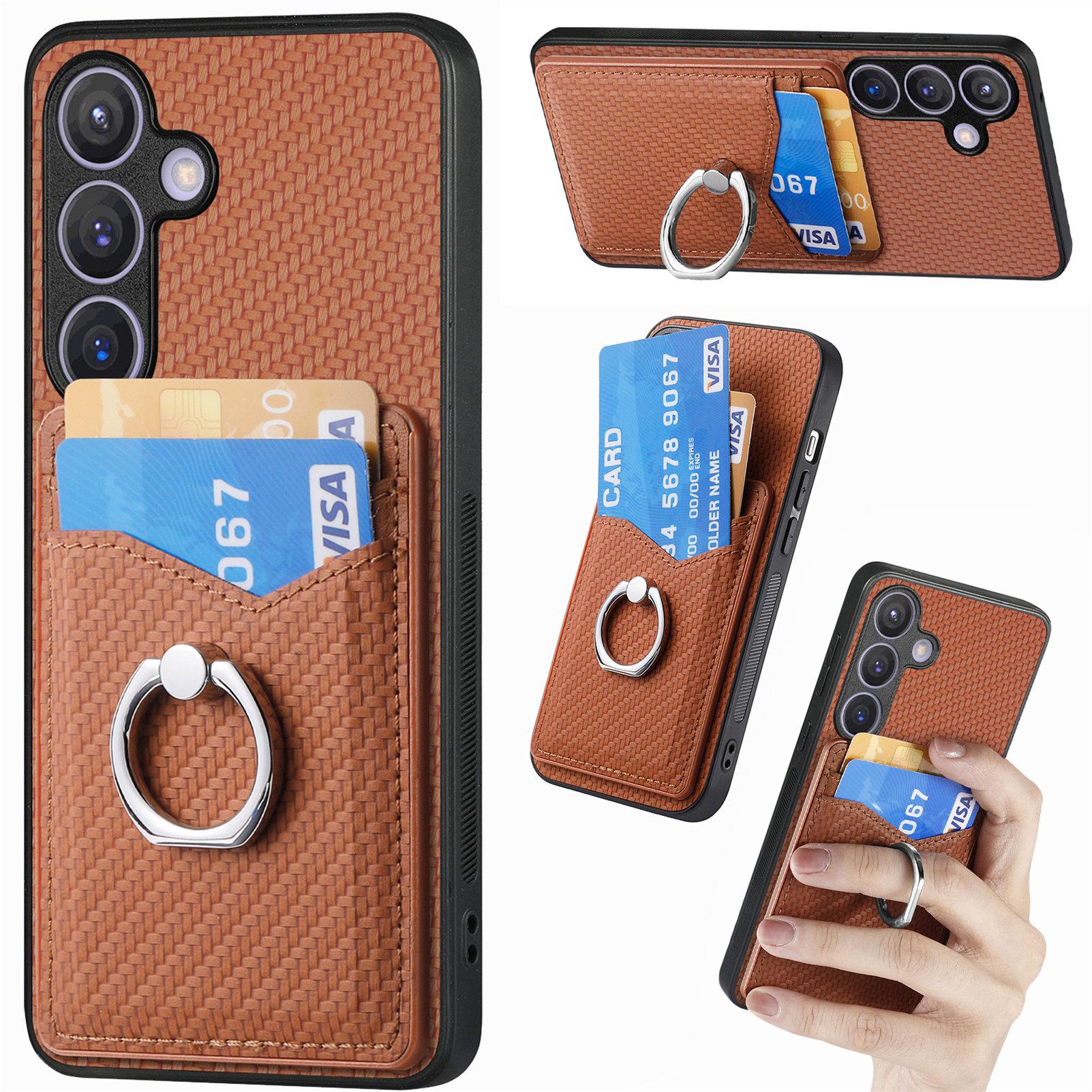 

For Samsung Galaxy S25 Case Card Slots Ring Holder Kickstand Phone Cover Brown