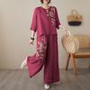 Damen 2-teilige Outfits 3/4 Ärmel Vintage Bestickte Hemden Weite Hosen Set Sommer Baumwolle Leinen Lässig Passendes Set