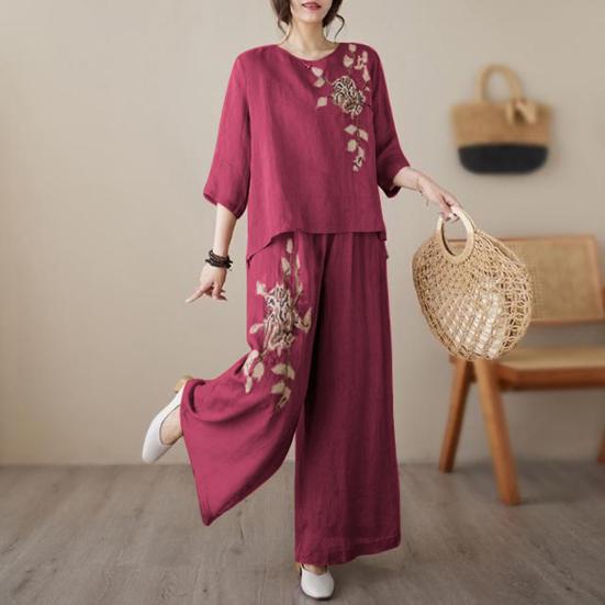 Damen 2-teilige Outfits 3/4 Ärmel Vintage Bestickte Hemden Weite Hosen Set Sommer Baumwolle Leinen Lässig Passendes Set