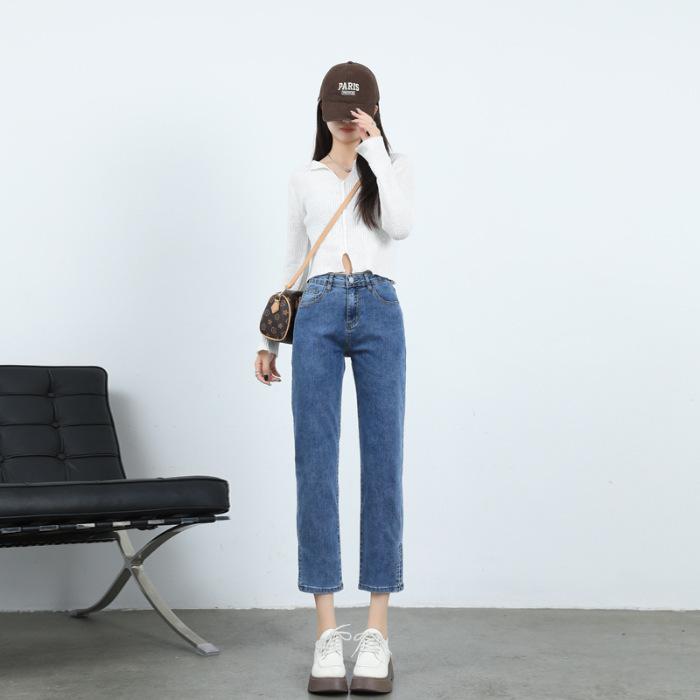 Slit Straight Jeans for Women, High Waist Straight Trousers for Women, Slim Hair, Nine-point Pants, Cigarette Pants for Women, Autumn