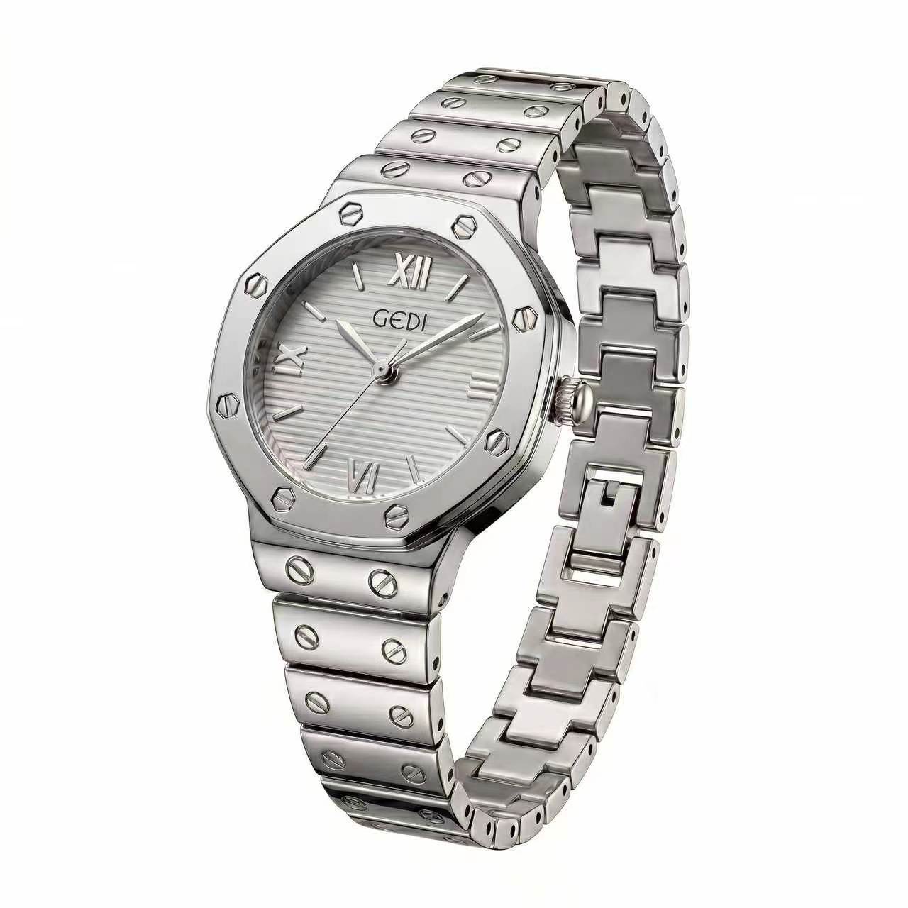 Mittelalterliche mehrfarbige achteckige Nieten-Uhr Damen Retro leichter Luxus Stahlband Quarz-Uhr High-End vielseitige Pendler-Uhr One size fits all gray