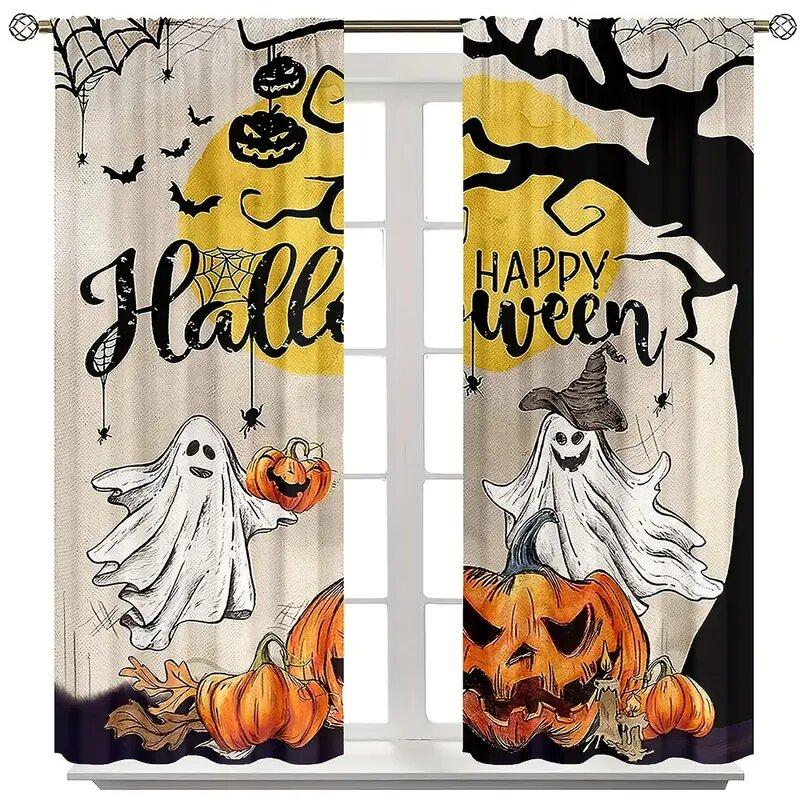 Halloween Ghost Pumpkin Spider Web Pattern Printed Curtains, Window Decorations, Home Decorations, Room Decorations