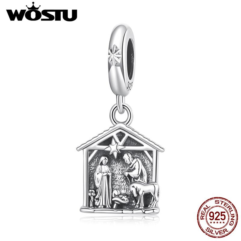 WOSTU Vintage 925 Silver Jesus Nativity Scene Charm The Birth Of Jesus Pendant Fit DIY Bracelet Neckalce