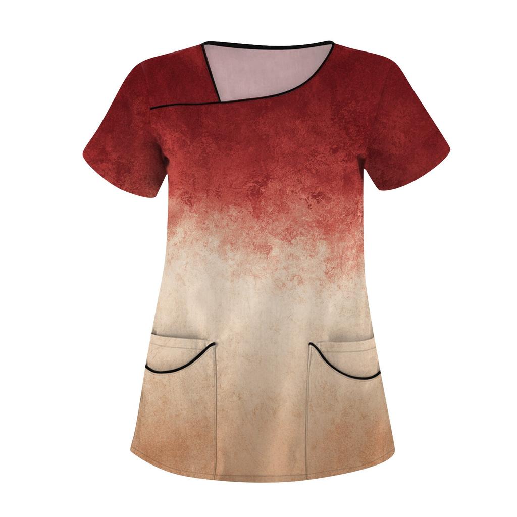 Damen Bedruckte Arbeitskleidung, Schräger Kragen und Doppellagige Taschen, Basic Oberteil Pullover