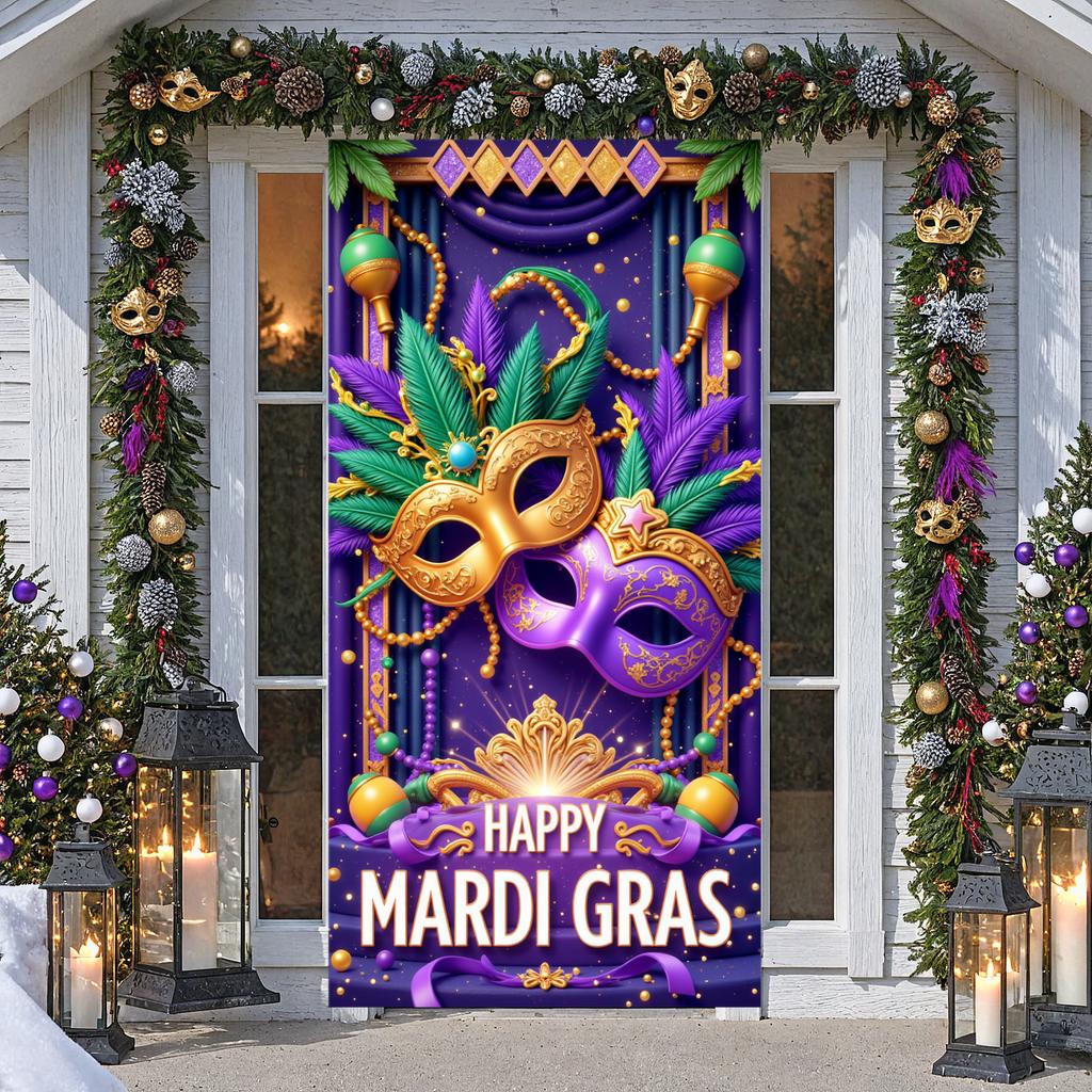 Mardi Gras Banner Ornate Mask Party Decoration Banner Carnival Banner Shiny Sequins Mardi Gras Backdrop For Photo Shoot Festival