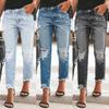 Women Mid Rise Distressed Ripped Straight Jeans Fringe Raw Hem Non Stretch Vintage Denim Pants Daily Casual Trousers