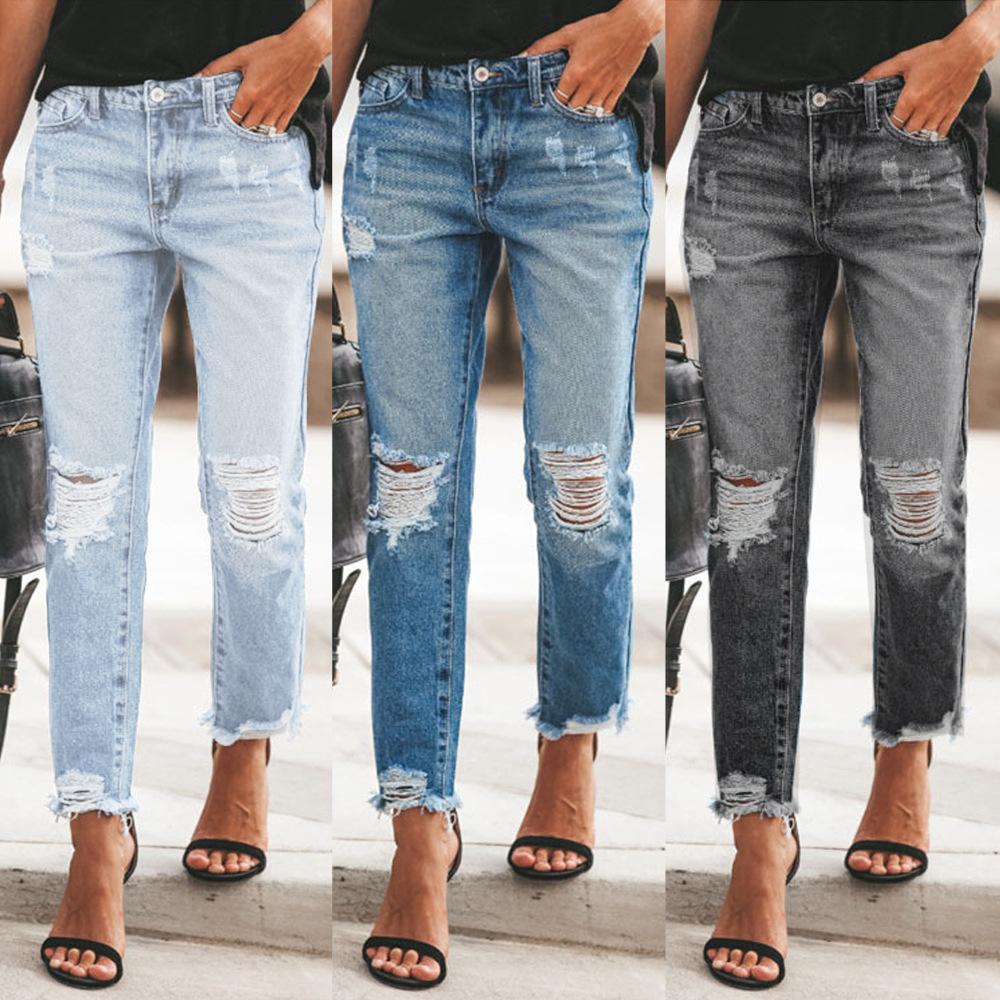 Women Mid Rise Distressed Ripped Straight Jeans Fringe Raw Hem Non Stretch Vintage Denim Pants Daily Casual Trousers