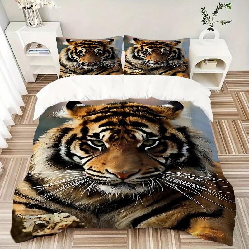 3PCs Tiger Print Design Cover Set, Breathable Fabric, Machine Washable (1 Duvet Cover + 2 Pillowcases) (Without Quilt) yy250911088