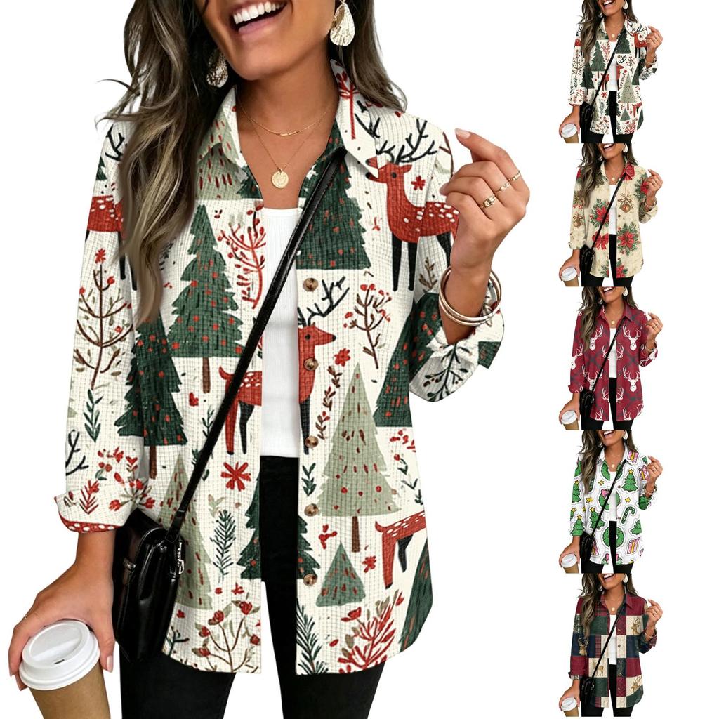 Women's Christmas Print Button Cardigan Long Sleeve Loose Fit Casual Shirt Top